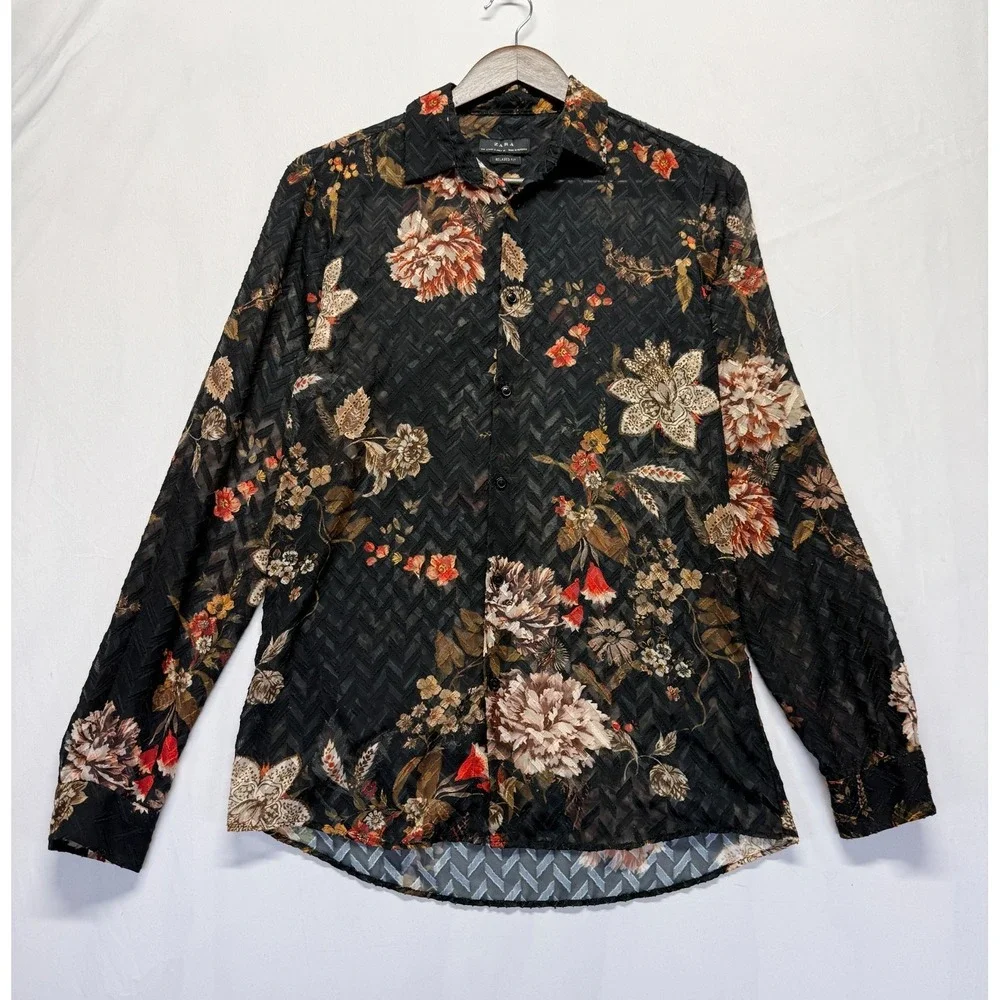 Zara Hawaiian Shirt Mens Small Black Multi Floral Print Relaxed Fit Button Up
